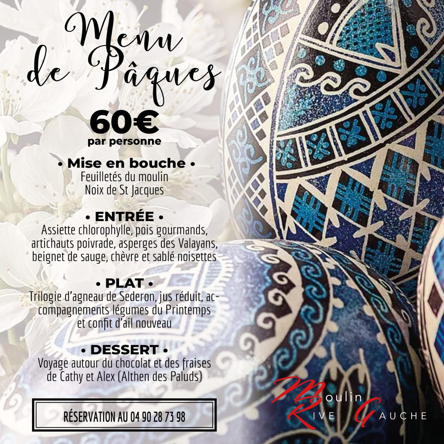 Menu de Pâques 2023 Moulin Rive Gauche Restaurant Althen des Paluds