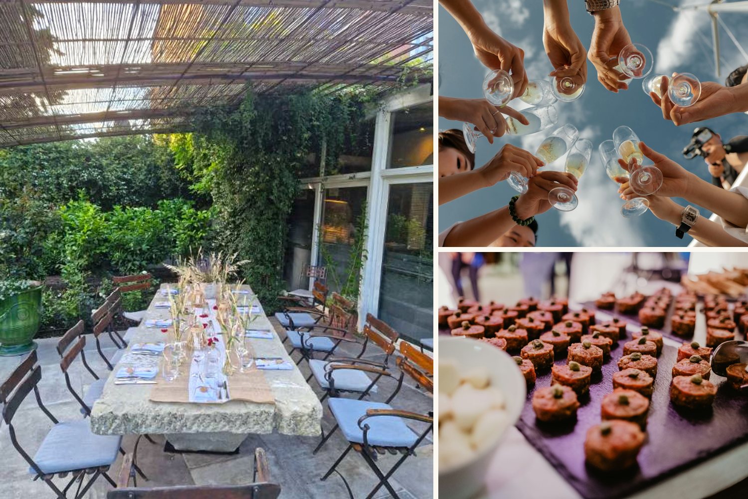 Formule mixte : table dressée sous la pergola, toast et bouchées